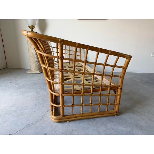 Wood Vintage Ficks Reed Style Bamboo Rattan Sofa With Floral Print Upholstery For Sale - Image 7 of 12