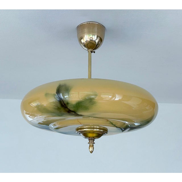 Green Art Deco Pendant Light in Amber Green Marble Glass, 1930s For Sale - Image 8 of 18