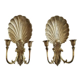 14.5" Antique Brass Clam Shell Double Candleholders - a Pair For Sale
