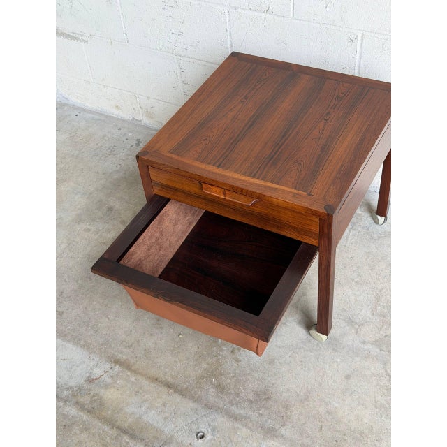 Brown Rosewood Sewing Table Side End Nightstand With Drawer and Rolling Wheels Denmark 1960s For Sale - Image 8 of 9