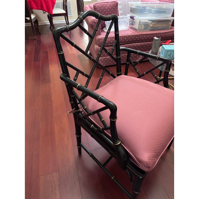 Thomas Chippendale 1980s Pair of Faux Bamboo Chippendale Armchairs With Pink Upholstered Seats For Sale - Image 4 of 4