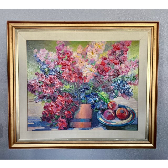 Mid-Century Modern Mid-Century Original Floral Still Life Oil Impasto Painting For Sale - Image 3 of 8