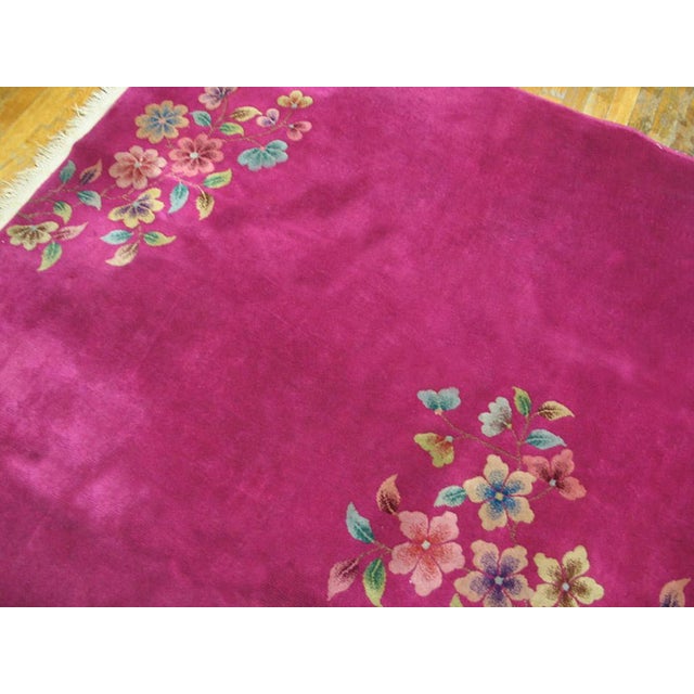 1930s Bright Pink Floral Modern Antique Chinese Art Deco Rug 8' 9'' X 11' 2'' Handknotted Wool Carpet For Sale - Image 4 of 6