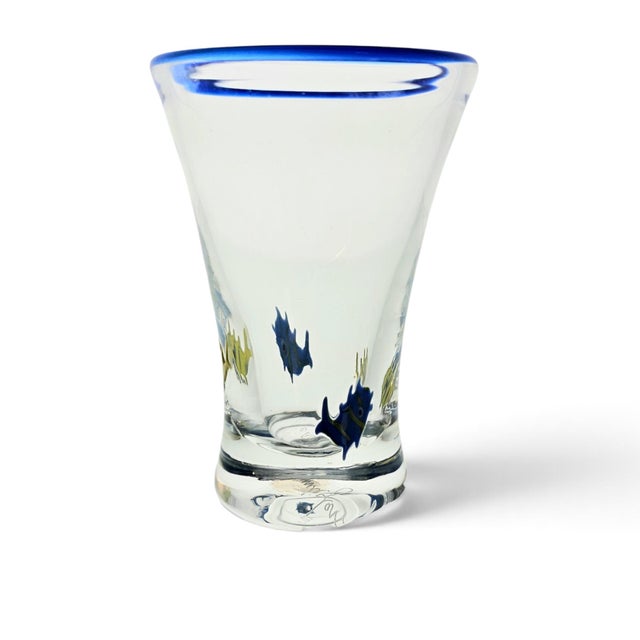 Contemporary Annieglass Tropical Fish Art Glass Vase Blue Rim 5.5" Santa Cruz For Sale - Image 3 of 12