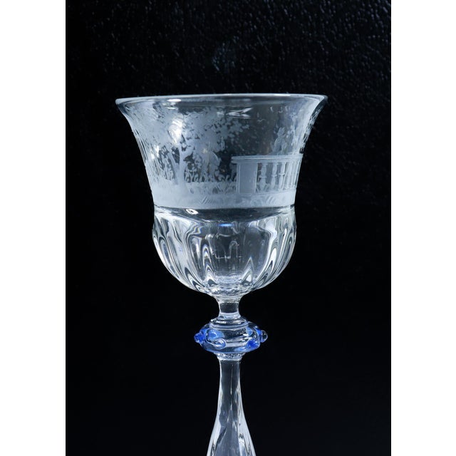 Glass Pair of Salviati Engraved Venetian / Murano Glass Wine Goblets or Stems For Sale - Image 7 of 13