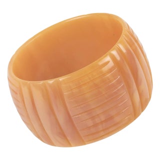 Milky Pink Bakelite Bangle Bracelet with Geometric Carving For Sale