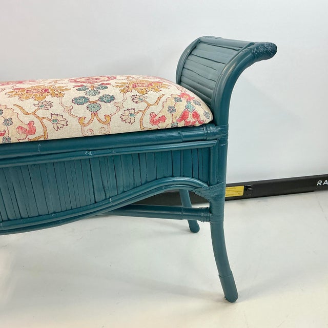 Mid-Century Boho Chic Coastal Bamboo Bench - Newly Upholstered in Ikat Linen For Sale - Image 18 of 18