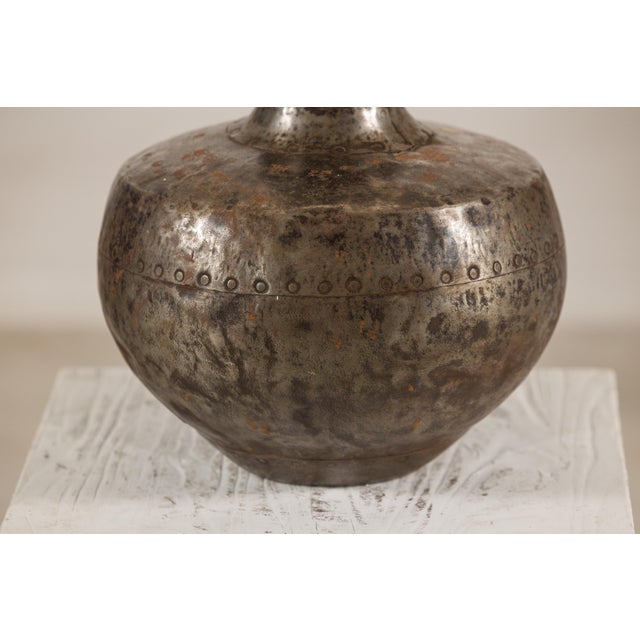 Vintage Indian Hammered Metal Water Vessel with Wooden Stopper For Sale - Image 11 of 13