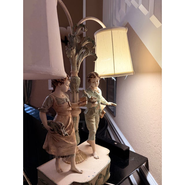 Paint Antique L & F Moreau Figural Double-Light Lamp Collection Francaise - French Renaissance Style With Original Shades Lamp. Foundry Mark. For Sale - Image 7 of 18