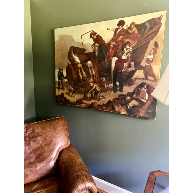 1960s Barry Leighton Jones Original Oil on Canvas Signed Children Play on Old Car For Sale - Image 12 of 12
