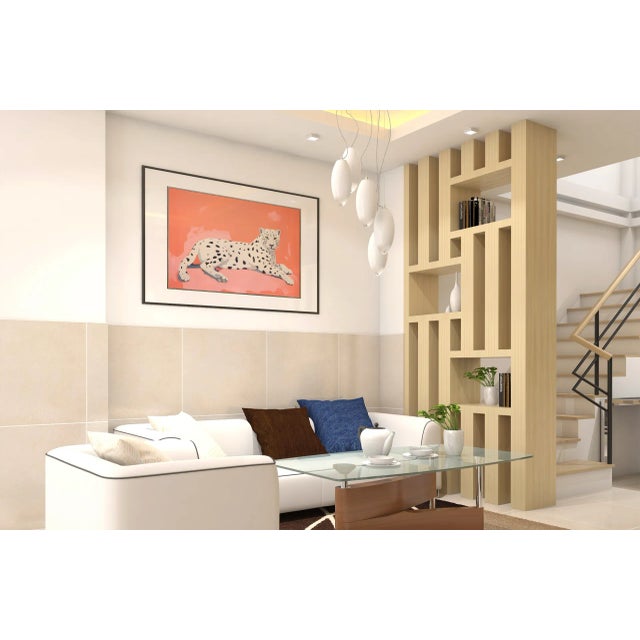 White Cheetah Relaxing on Pink-Orange Background. Size: 24" x 18" Horizontal Contemporary Giclée Art Print. Museum quality...