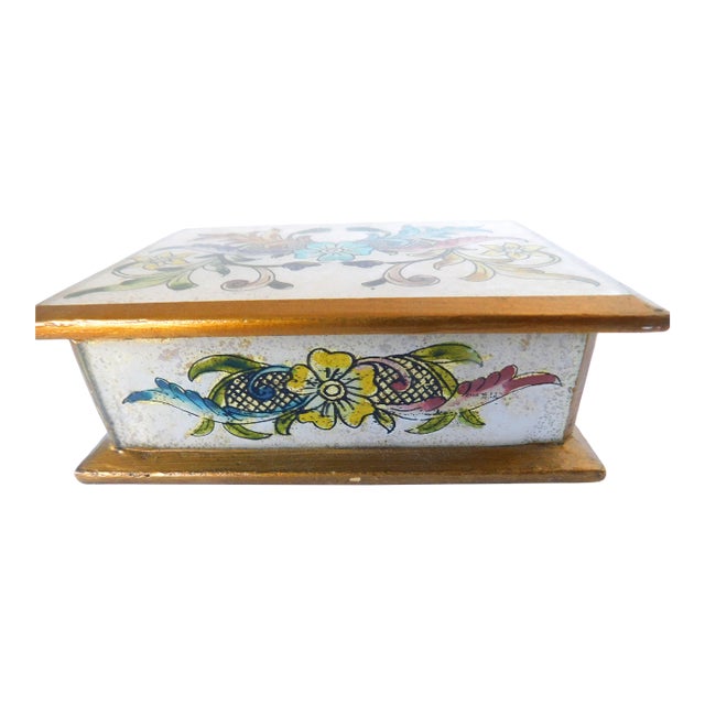 Vintage Hand Painted Floral Jewelry Trinket Box For Sale