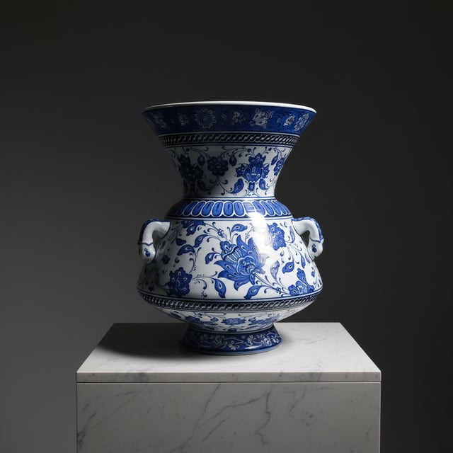 Handmade Ceramic “Kandil” Vase (30cm) Rare 3-Handled Design Blue & White Floral Centerpiece For Sale - Image 6 of 6