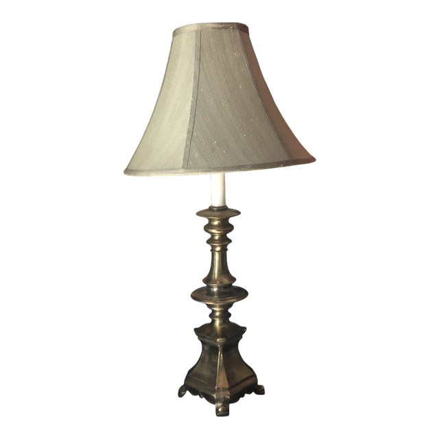 1970s Brass Footed Table Lamp With Shade For Sale