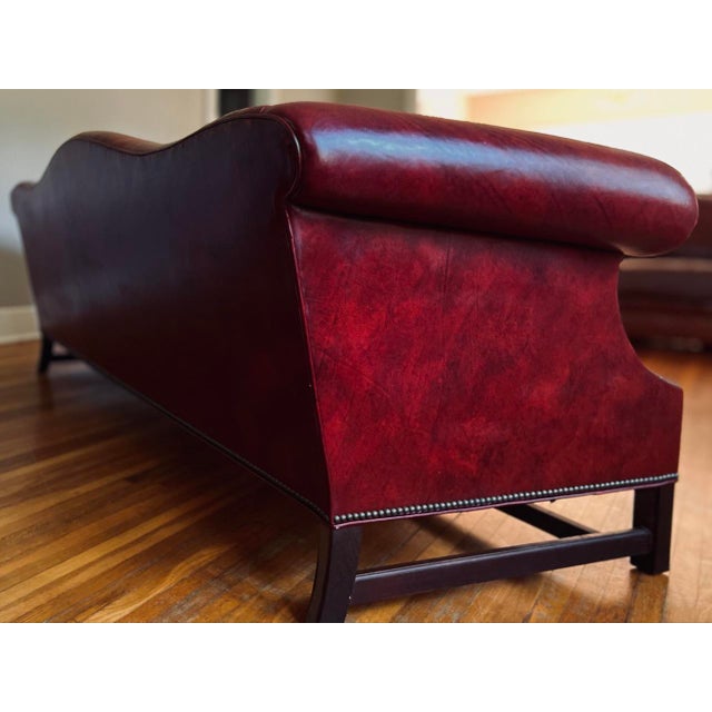 Wood Mid 20th Century Gunlocke Oxblood Leather Camelback Sofa With Nailhead Trim For Sale - Image 7 of 13