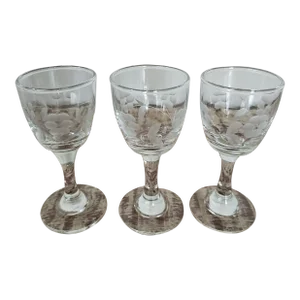 Vintage Set of 3 Optic Floral Etched Port/Liquor Stemmed Glass by Weston Glass