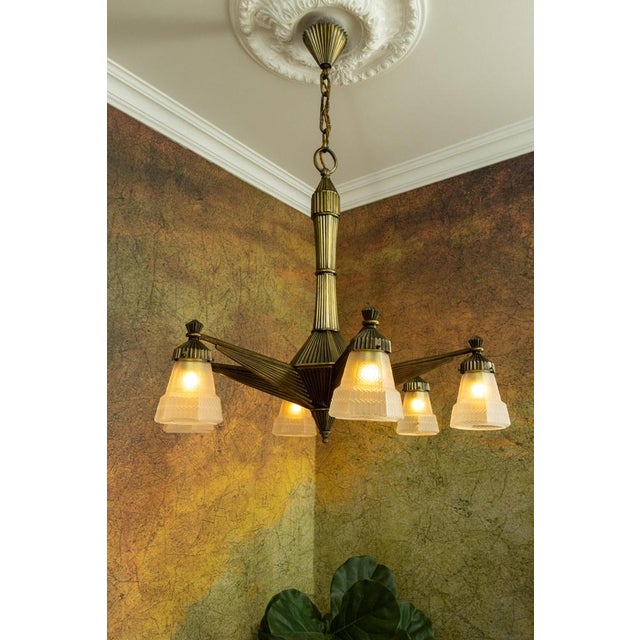 Art Deco French Bronze and Frosted White Glass Six-Light Chandelier, 1920 For Sale - Image 6 of 18