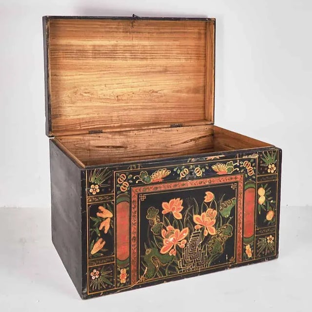 Antique Wooden Box with Illustrations of Lotus Flowers, 1900s For Sale - Image 3 of 8