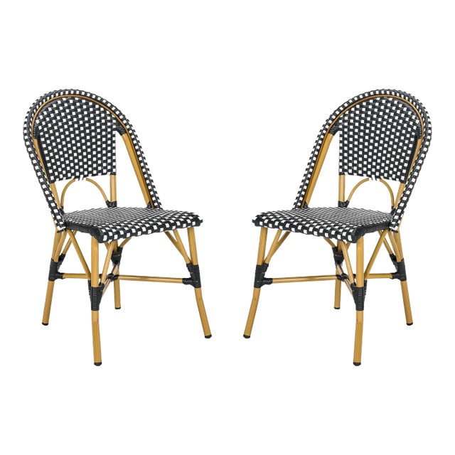 Perry Indoor-Outdoor French Bistro Stacking Side Chair in Black & White & Light Brown - a Pair For Sale