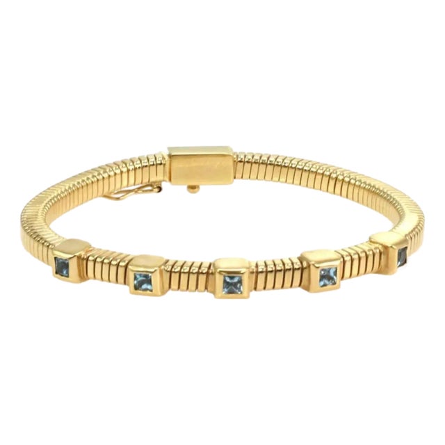 Square Cut Blue Topaz Flex 18k Yellow Gold Bracelet For Sale