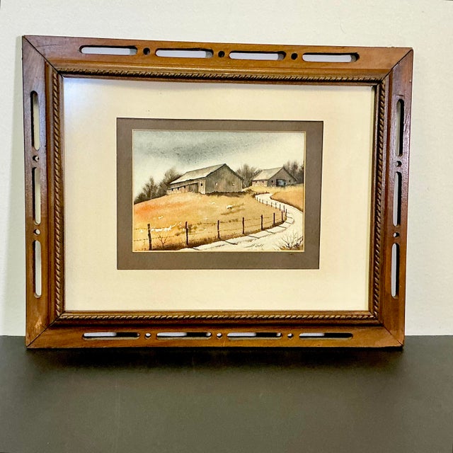 Farmhouse 1970s Vintage Impressionist Arts & Crafts Farmhouse Original Watercolor Painting, Two Barns Landscape For Sale - Image 3 of 12