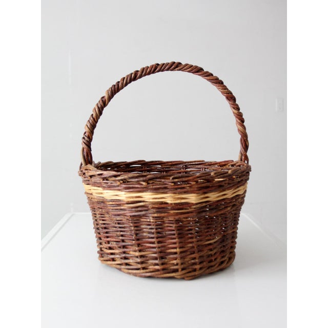 Brown Vintage Wicker Gathering Basket For Sale - Image 8 of 13