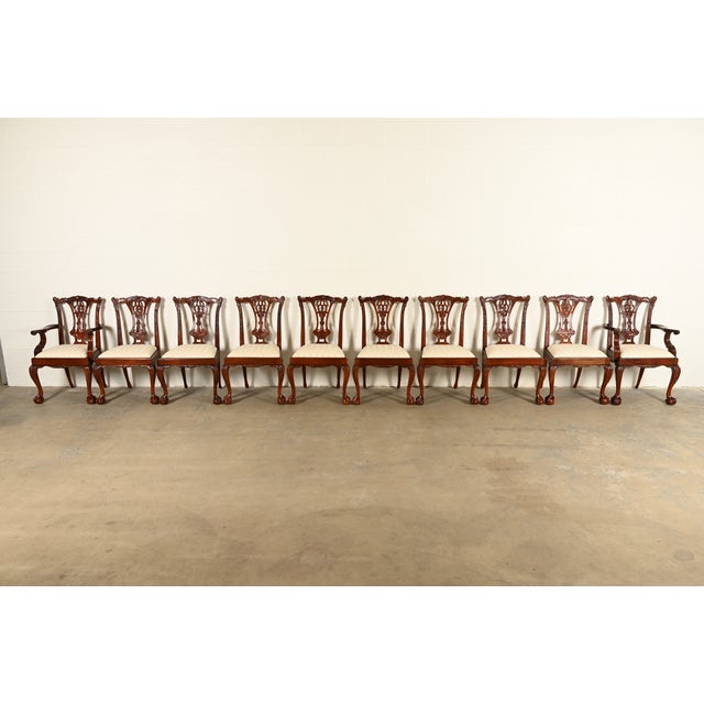 English Baker Furniture Style Chippendale Carved Mahogany Dining Chairs, Set of Ten For Sale - Image 3 of 16