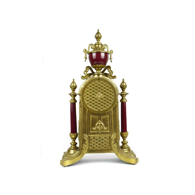 Baroque Mid 20th Century Imperial Gilt Brass Frame With Porcelain Plaques Mantle Clock & Five-Light Candelabra Set - 3 Pieces Italy For Sale - Image 3 of 17