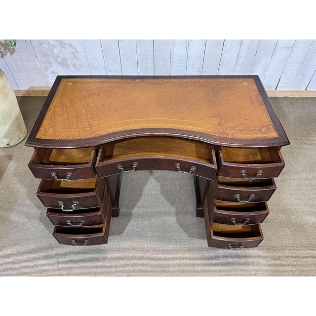 Mid 20th Century English Mahogany Desk with Drawers and Leather Top, 1950s For Sale - Image 5 of 16