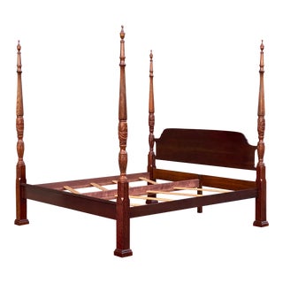 Solid Cherry Carved Rice Tobacco Four Poster Complete King Size Bed by Crescent Furniture For Sale