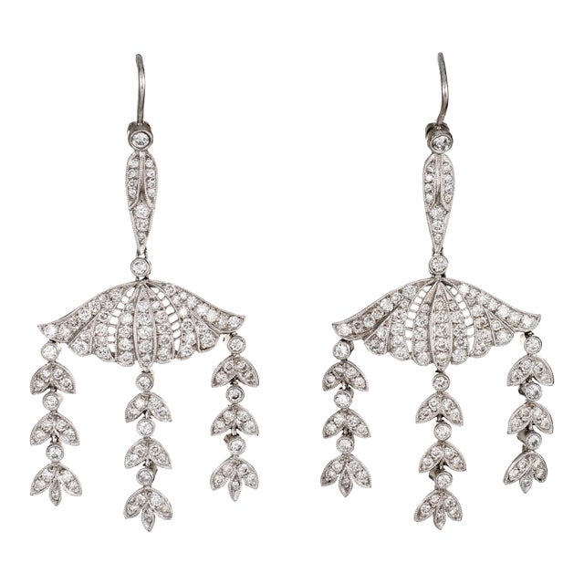Mid 20th Century 2.25ct Diamond Dangle Earrings Vintage Platinum 14k Gold Foliate Drops - 2 Pieces For Sale