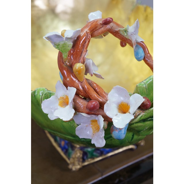 Antique Italian Majolica Footed Banana Leaf Centerpiece Monteith Bowl 26" For Sale - Image 9 of 17