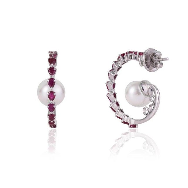 Gemstone Natural Ruby & Freshwater Pearl Designer C Hoop Earrings in 925 Sterling Silver, A Pair For Sale - Image 7 of 15