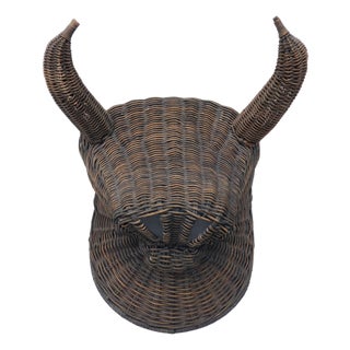 Vintage French Provincial Wicker Bull's Head Wall Decoration, 1980s For Sale