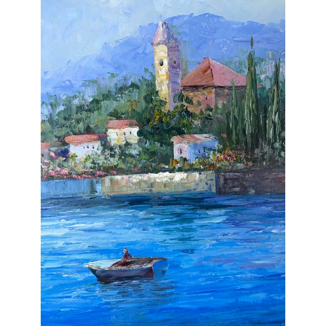 Large Mid-Century Style Mediterranean Coastal Village Framed Oil Painting - Signed "Linda" For Sale - Image 4 of 9