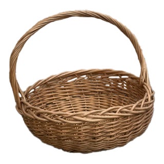 Monumental Vintage Handwoven Wicker Gathering Basket With Oversized Handle For Sale