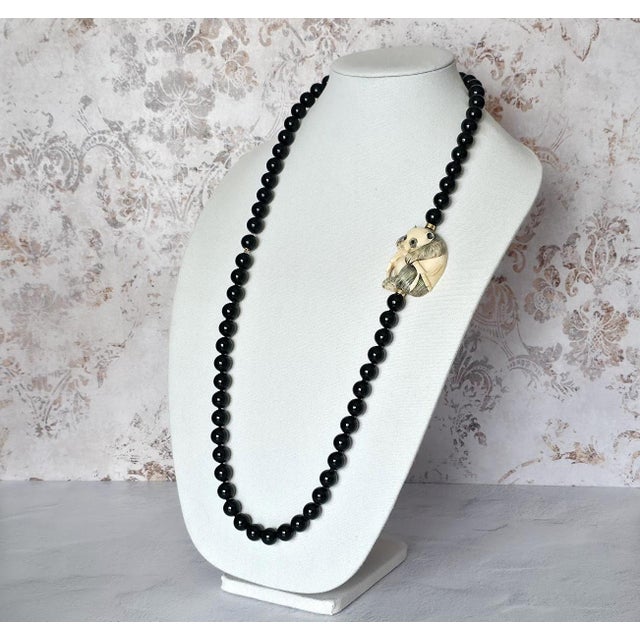 Vintage Onyx 14k Gold Necklace With Antique Ivory Panda Netsuke For Sale - Image 4 of 9