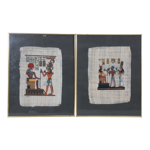 Late 20th Century Egyptian Revival Papyrus Painting Art Pharaoh King Ramses Queen Nefertari - Set of 2 For Sale