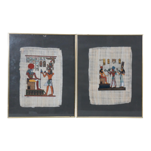 Late 20th Century Egyptian Revival Papyrus Painting Art Pharaoh King Ramses Queen Nefertari - Set of 2