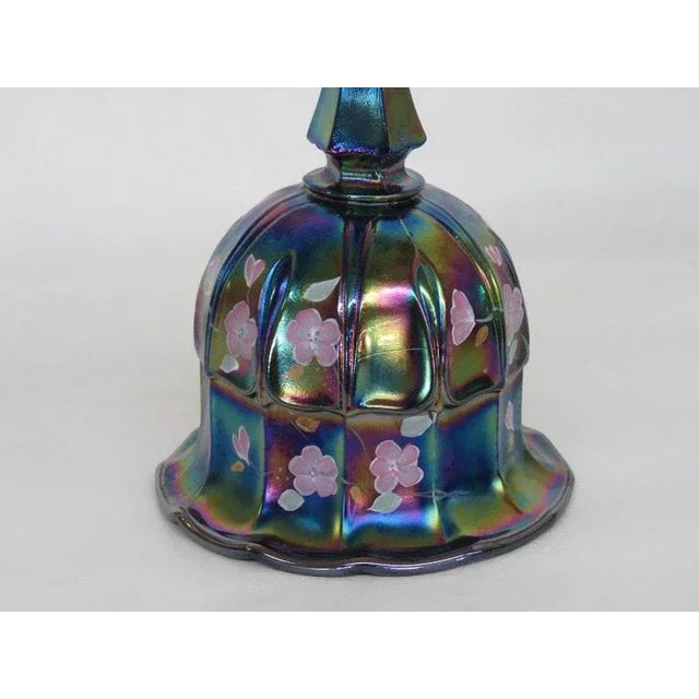 Glass Fenton Carnival Glass Amethyst Hand Painted Flowers Bell For Sale - Image 7 of 11