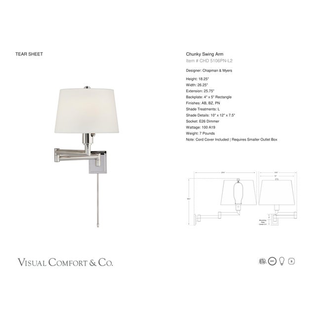 Transitional Chapman & Myers for Visual Comfort Signature Chunky Swing Arm in Polished Nickel with Linen Shade For Sale - Image 3 of 4