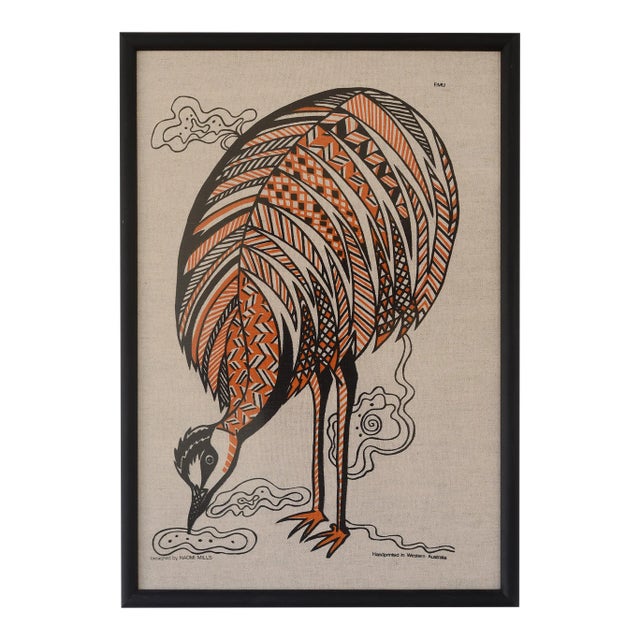 Vintage 1970s Naomi Mills Handprinted Emu Textile Art Wall Hanging For Sale