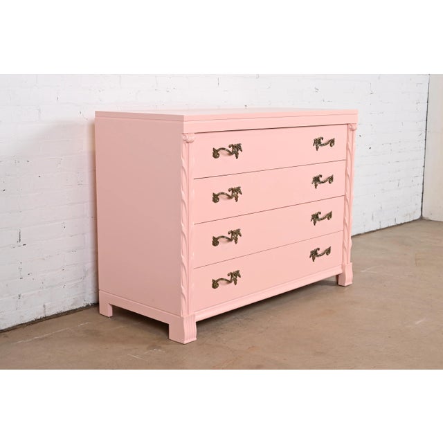 French John Stuart French Regency Pink Lacquered Dresser Chest, Newly Refinished For Sale - Image 3 of 12