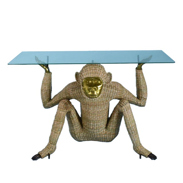 Tan Monkey With Brass Mask Glass Top Console Table For Sale - Image 8 of 8