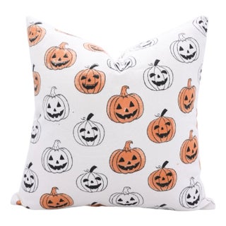 Fabdivine Halloween Pumpkin Block Print Pillow Cover Handmade Cotton Throw Cushion for Festive Home Décor Size 16x16 For Sale