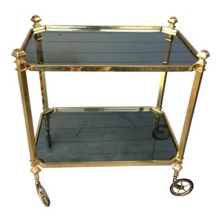 1900s French Brass and Smoke Glass Bar Cart For Sale