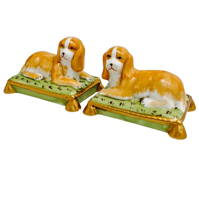 An adorable pair of contemporary reclining Staffordshire style Cavalier King Charles Spaniel mantle dogs. They look so...