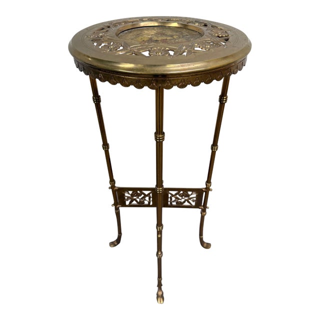 Vintage Hollywood Regency Chinoiserie Style Brass Plant Stand Accent Table For Sale