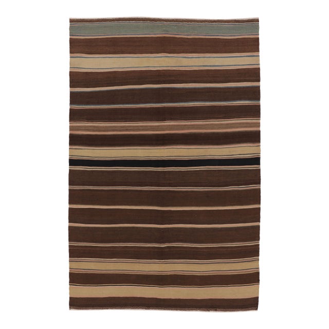 Vintage Persian Kilim, Rich Chocolate Brown Stripes and Blue Notes - Rug & Kilim For Sale