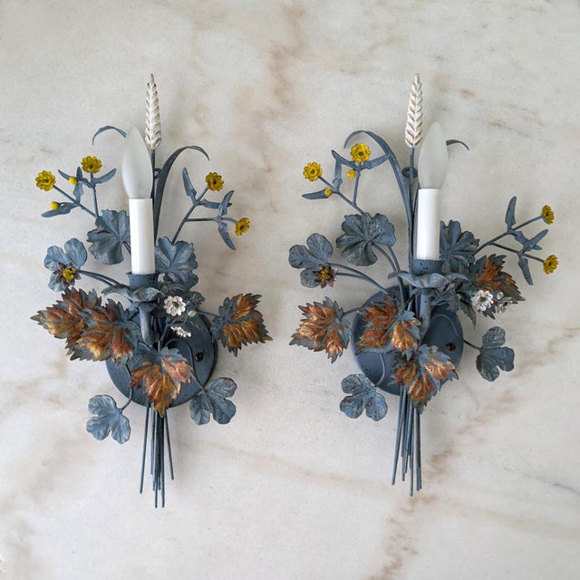 Rustic European 1940s Antique Italian Tole Electric Wall Sconces, a Pair For Sale - Image 3 of 9
